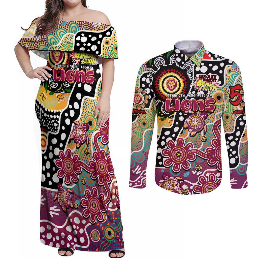 Personalised Lions AFL Celebrating 50 Years of Naidoc Couples Matching Off Shoulder Maxi Dress and Long Sleeve Button Shirt NAIDOC Week 2025 Aboriginal