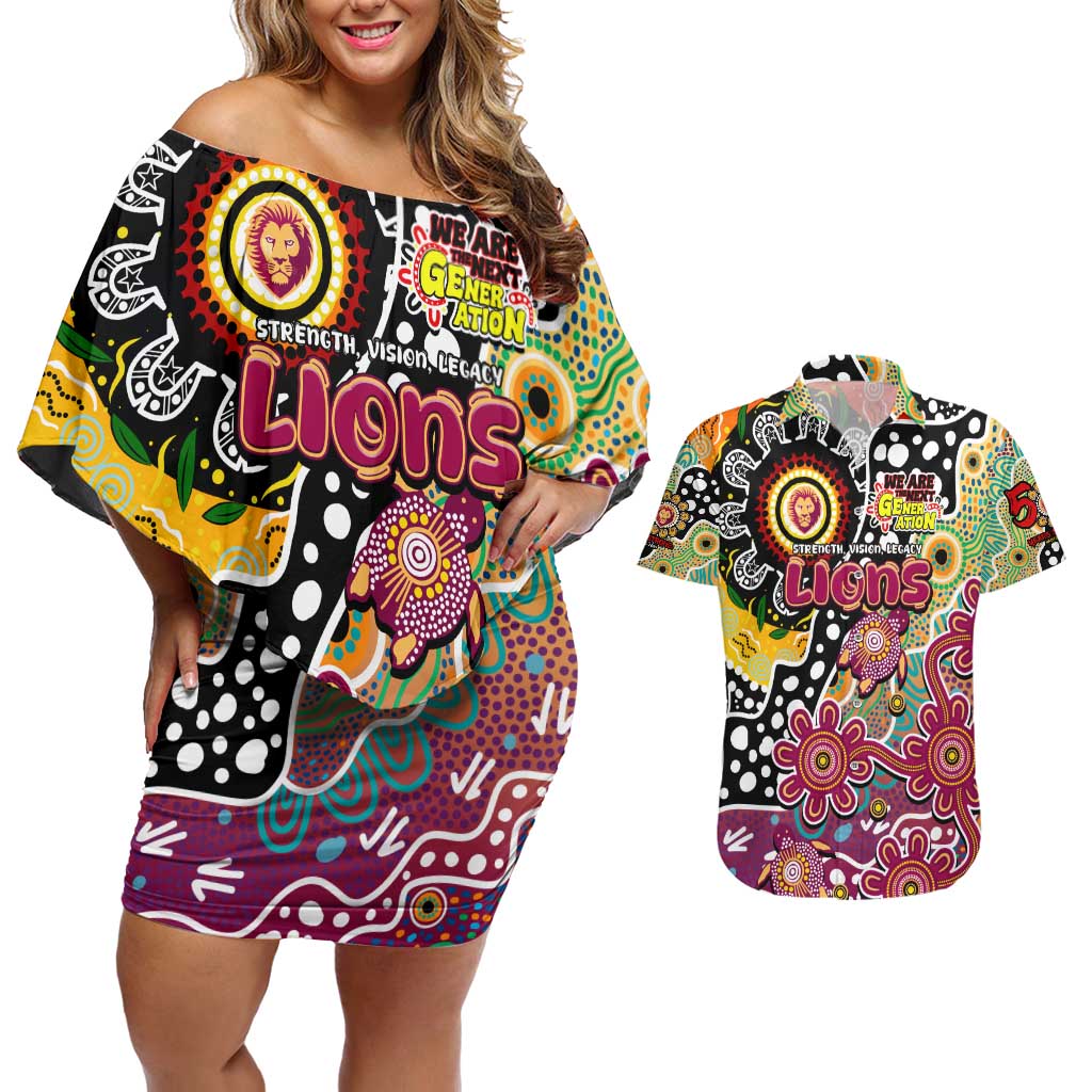 Personalised Lions AFL Celebrating 50 Years of Naidoc Couples Matching Off Shoulder Short Dress and Hawaiian Shirt NAIDOC Week 2025 Aboriginal