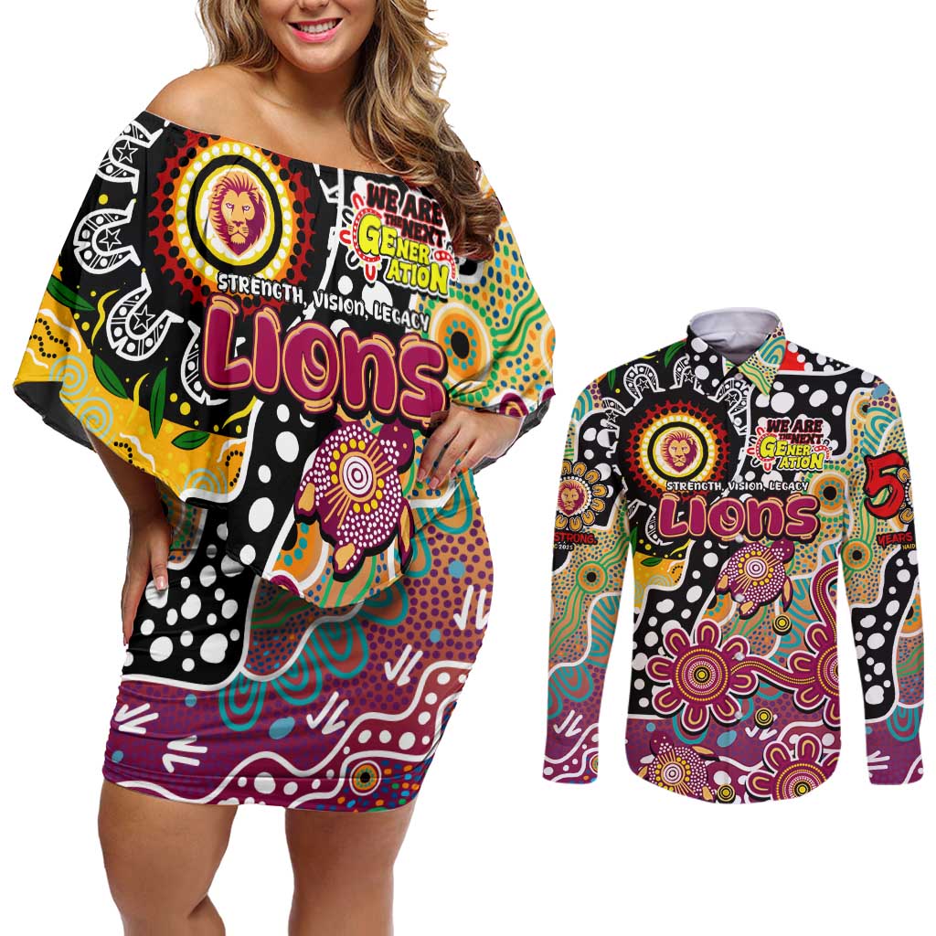 Personalised Lions AFL Celebrating 50 Years of Naidoc Couples Matching Off Shoulder Short Dress and Long Sleeve Button Shirt NAIDOC Week 2025 Aboriginal
