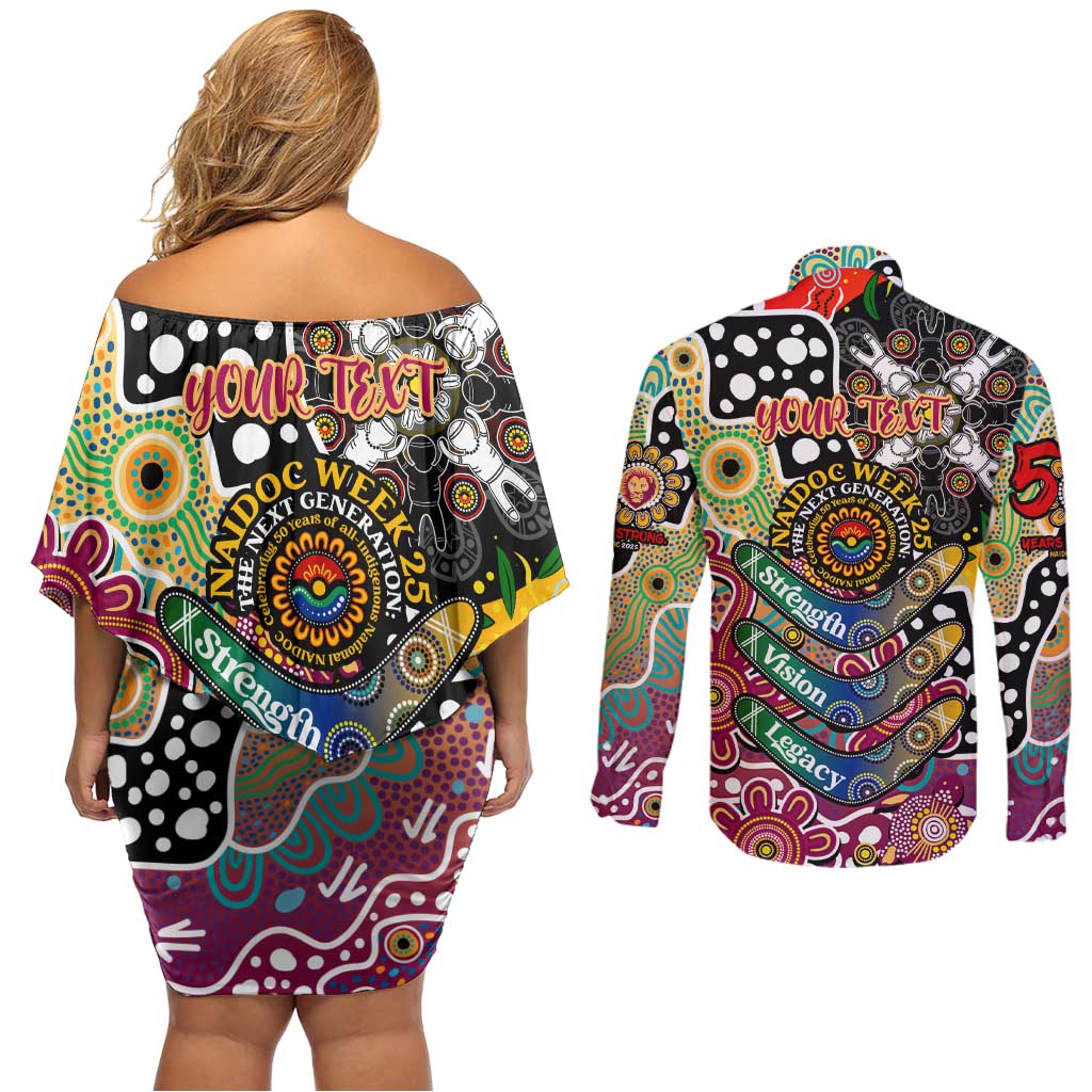 Personalised Lions AFL Celebrating 50 Years of Naidoc Couples Matching Off Shoulder Short Dress and Long Sleeve Button Shirt NAIDOC Week 2025 Aboriginal