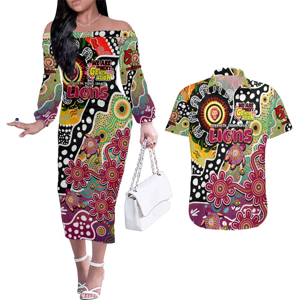 Personalised Lions AFL Celebrating 50 Years of Naidoc Couples Matching Off The Shoulder Long Sleeve Dress and Hawaiian Shirt NAIDOC Week 2025 Aboriginal