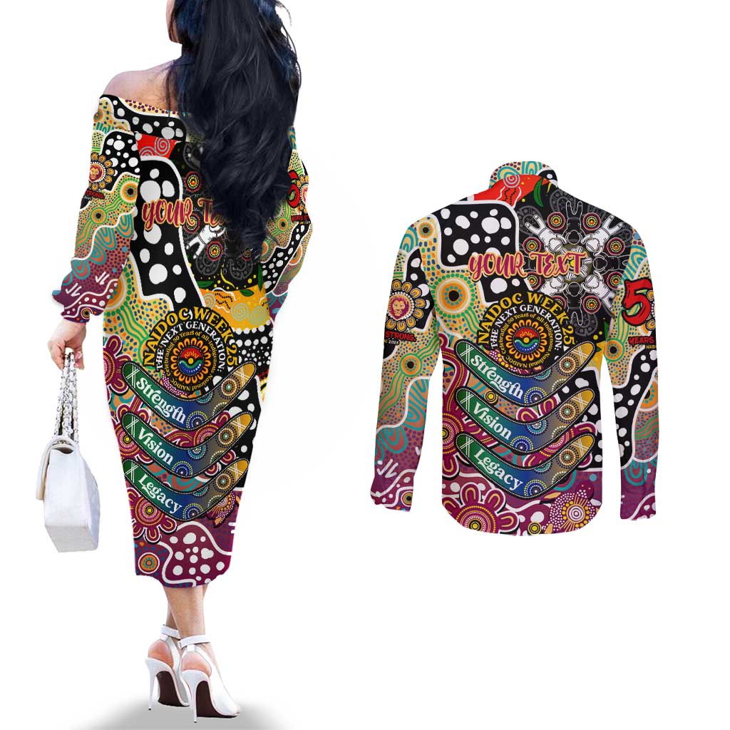 Personalised Lions AFL Celebrating 50 Years of Naidoc Couples Matching Off The Shoulder Long Sleeve Dress and Long Sleeve Button Shirt NAIDOC Week 2025 Aboriginal