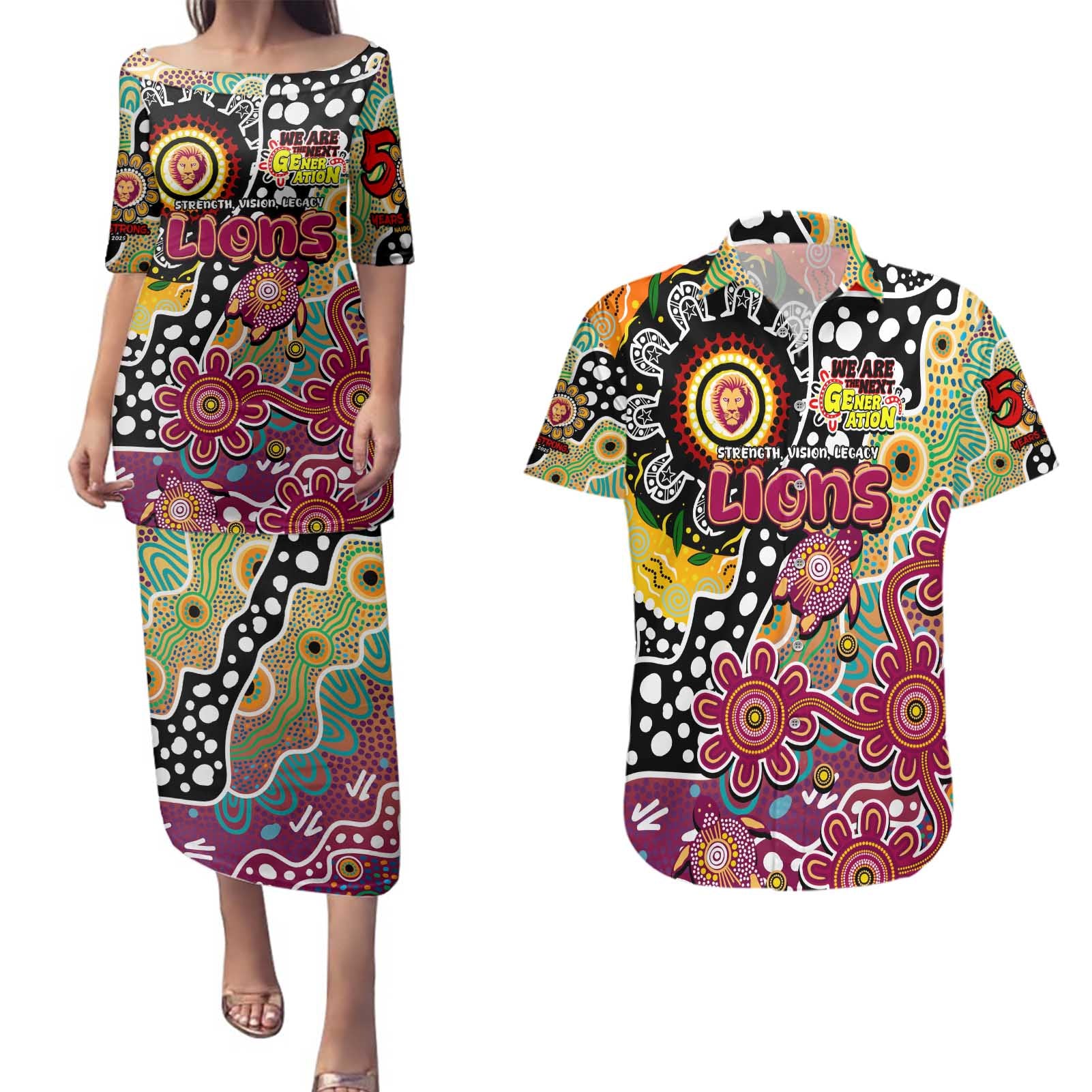 Personalised Lions AFL Celebrating 50 Years of Naidoc Couples Matching Puletasi and Hawaiian Shirt NAIDOC Week 2025 Aboriginal