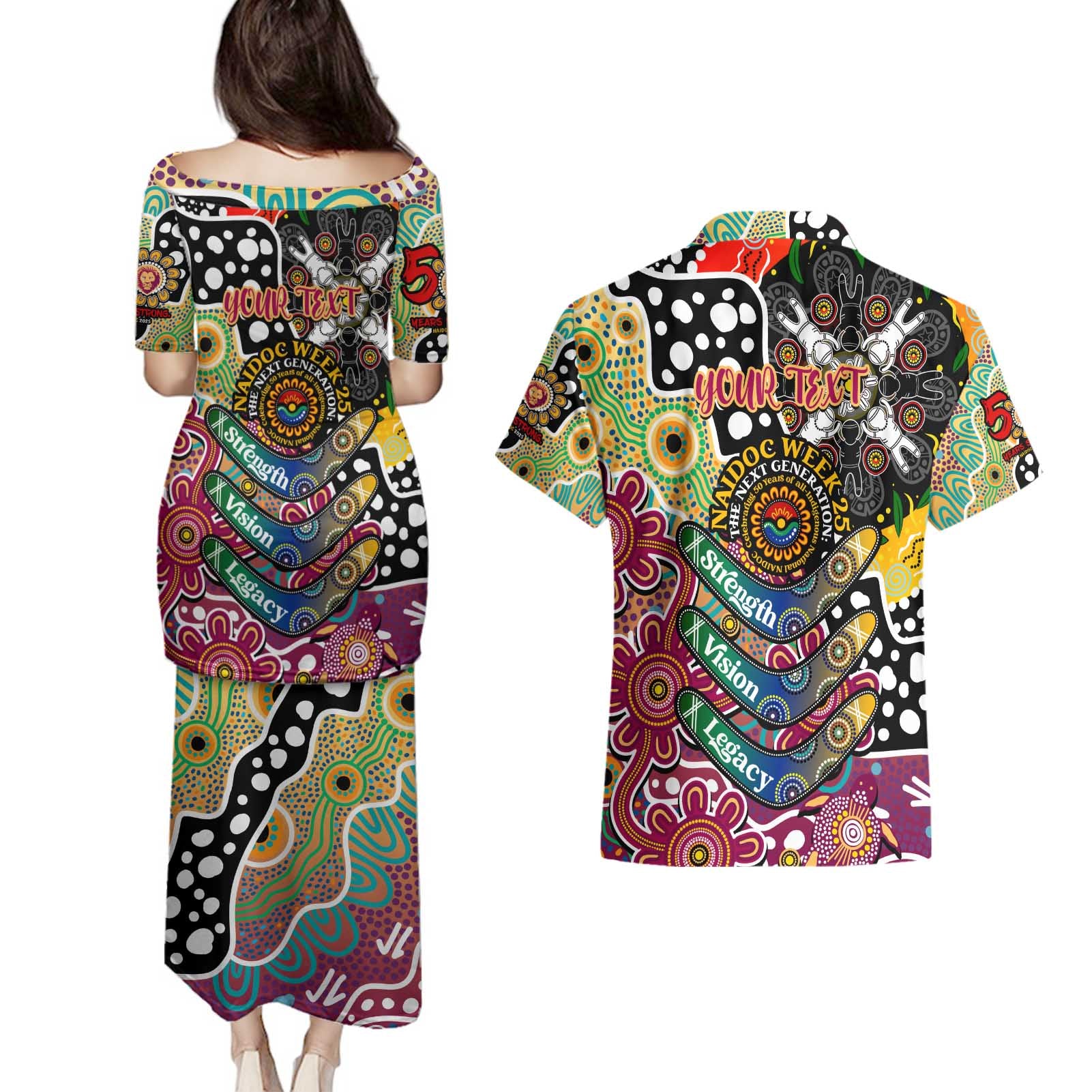 Personalised Lions AFL Celebrating 50 Years of Naidoc Couples Matching Puletasi and Hawaiian Shirt NAIDOC Week 2025 Aboriginal