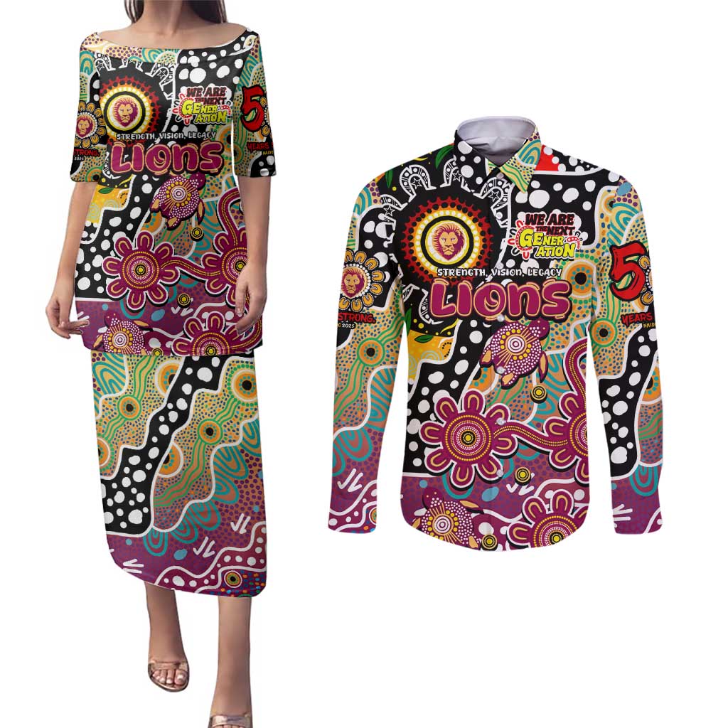 Personalised Lions AFL Celebrating 50 Years of Naidoc Couples Matching Puletasi and Long Sleeve Button Shirt NAIDOC Week 2025 Aboriginal