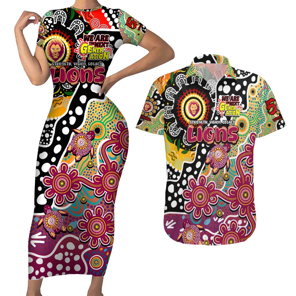 Personalised Lions AFL Celebrating 50 Years of Naidoc Couples Matching Short Sleeve Bodycon Dress and Hawaiian Shirt NAIDOC Week 2025 Aboriginal