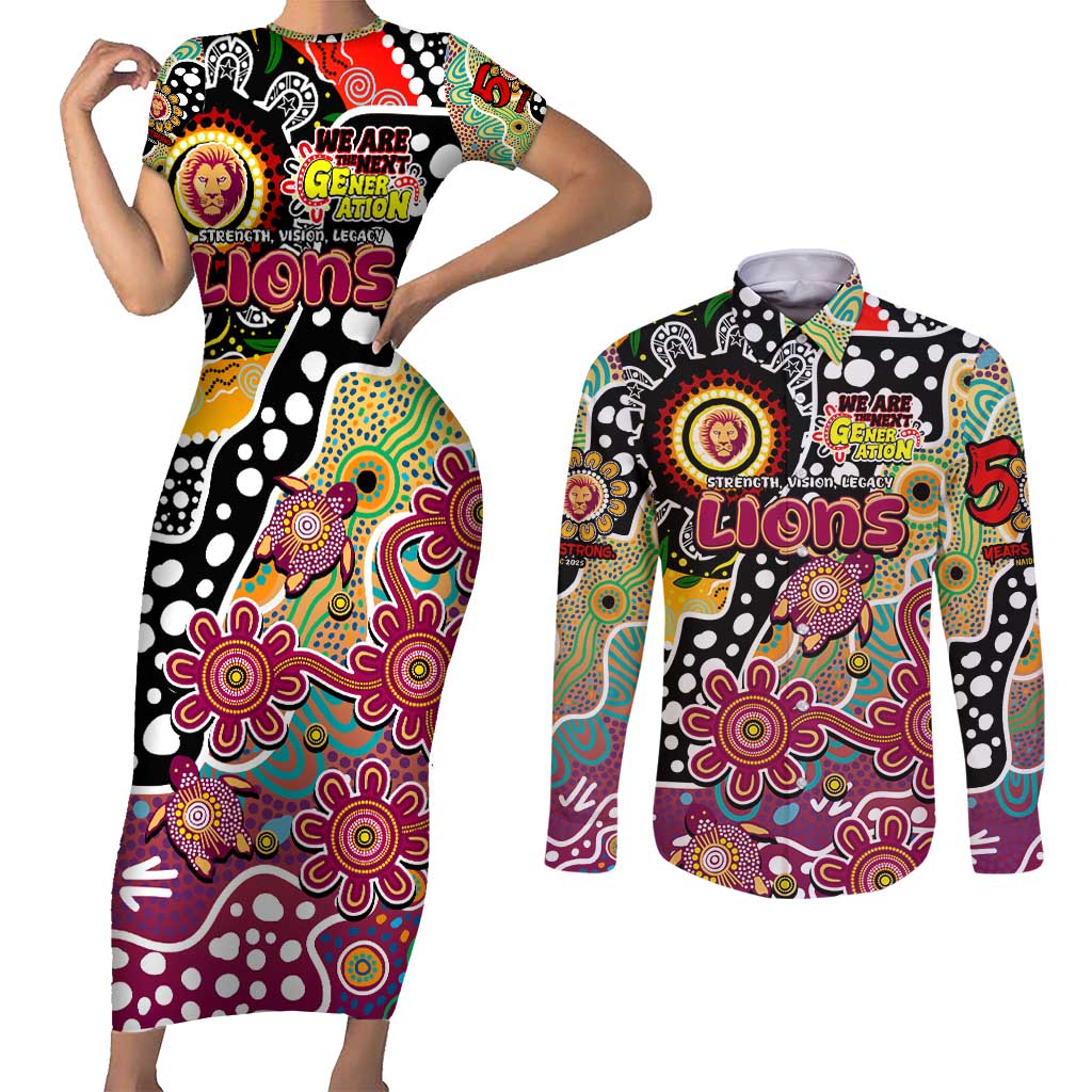 Personalised Lions AFL Celebrating 50 Years of Naidoc Couples Matching Short Sleeve Bodycon Dress and Long Sleeve Button Shirt NAIDOC Week 2025 Aboriginal