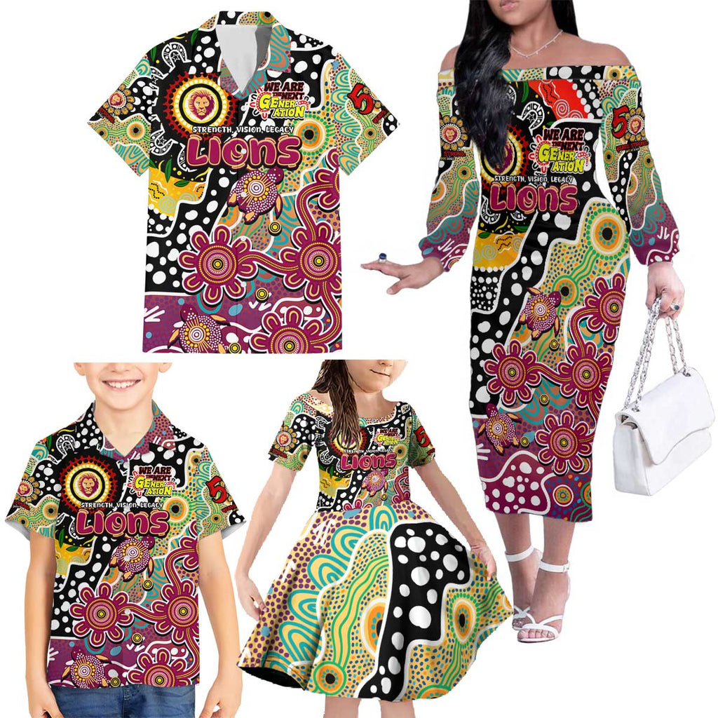 Personalised Lions AFL Celebrating 50 Years of Naidoc Family Matching Off The Shoulder Long Sleeve Dress and Hawaiian Shirt NAIDOC Week 2025 Aboriginal