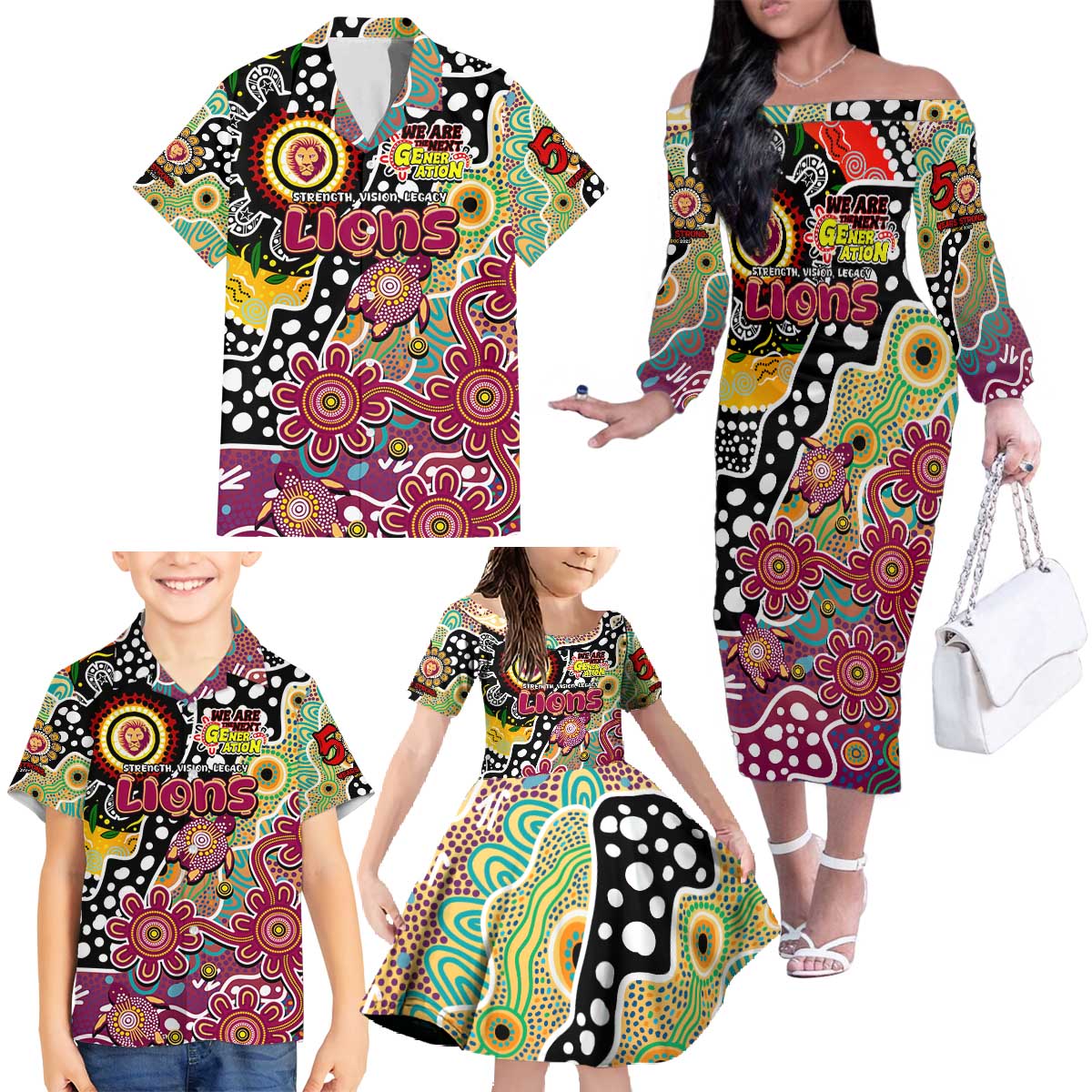 Personalised Lions AFL Celebrating 50 Years of Naidoc Family Matching Off The Shoulder Long Sleeve Dress and Hawaiian Shirt NAIDOC Week 2025 Aboriginal