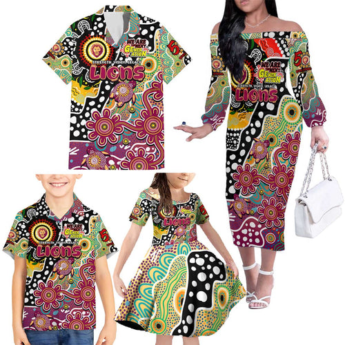 Personalised Lions AFL Celebrating 50 Years of Naidoc Family Matching Off The Shoulder Long Sleeve Dress and Hawaiian Shirt NAIDOC Week 2025 Aboriginal