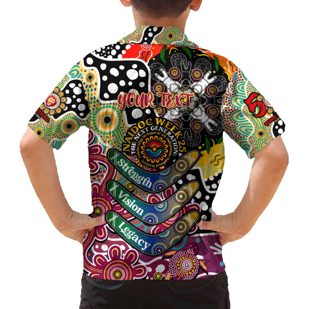 Personalised Lions AFL Celebrating 50 Years of Naidoc Family Matching Off The Shoulder Long Sleeve Dress and Hawaiian Shirt NAIDOC Week 2025 Aboriginal