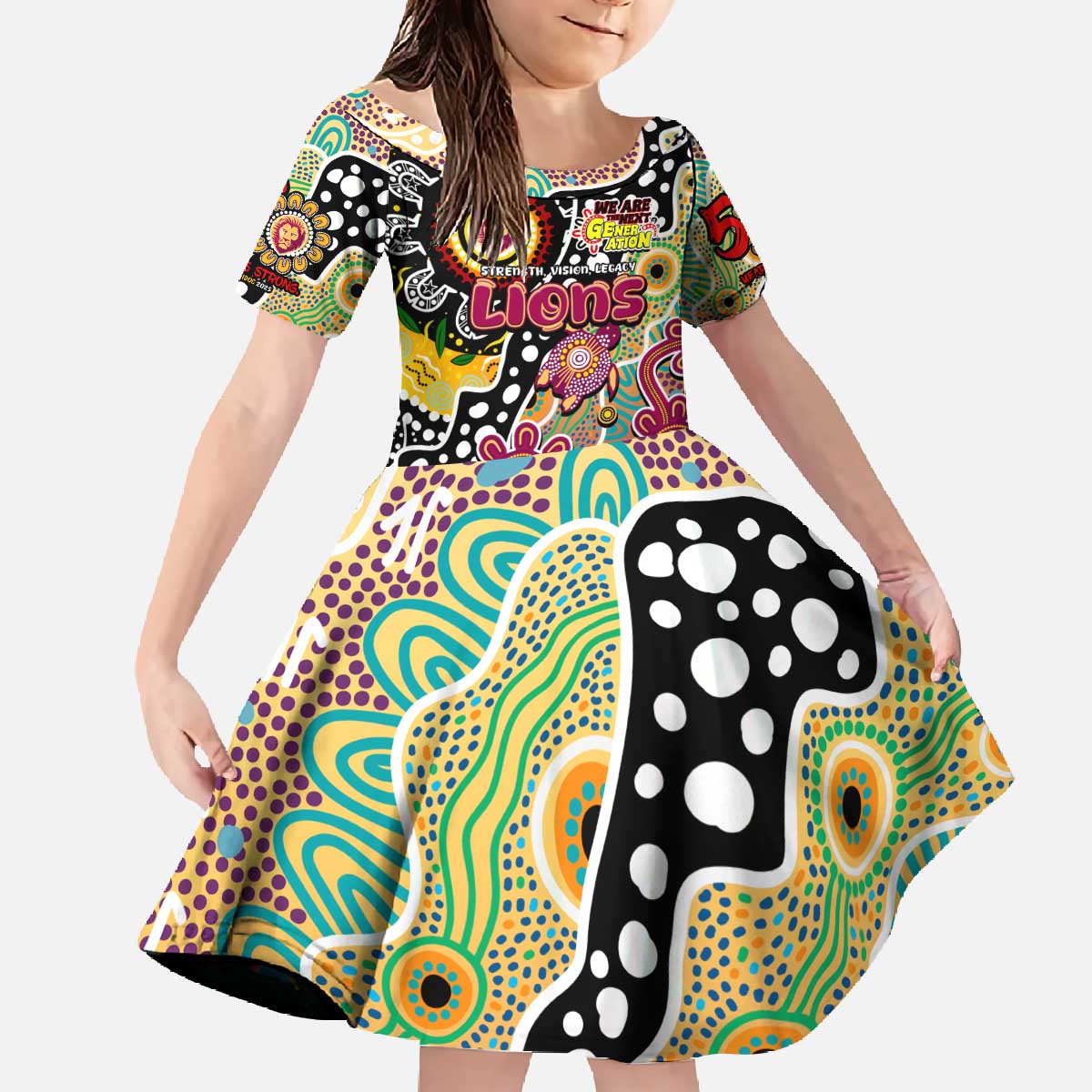 Personalised Lions AFL Celebrating 50 Years of Naidoc Family Matching Off The Shoulder Long Sleeve Dress and Hawaiian Shirt NAIDOC Week 2025 Aboriginal