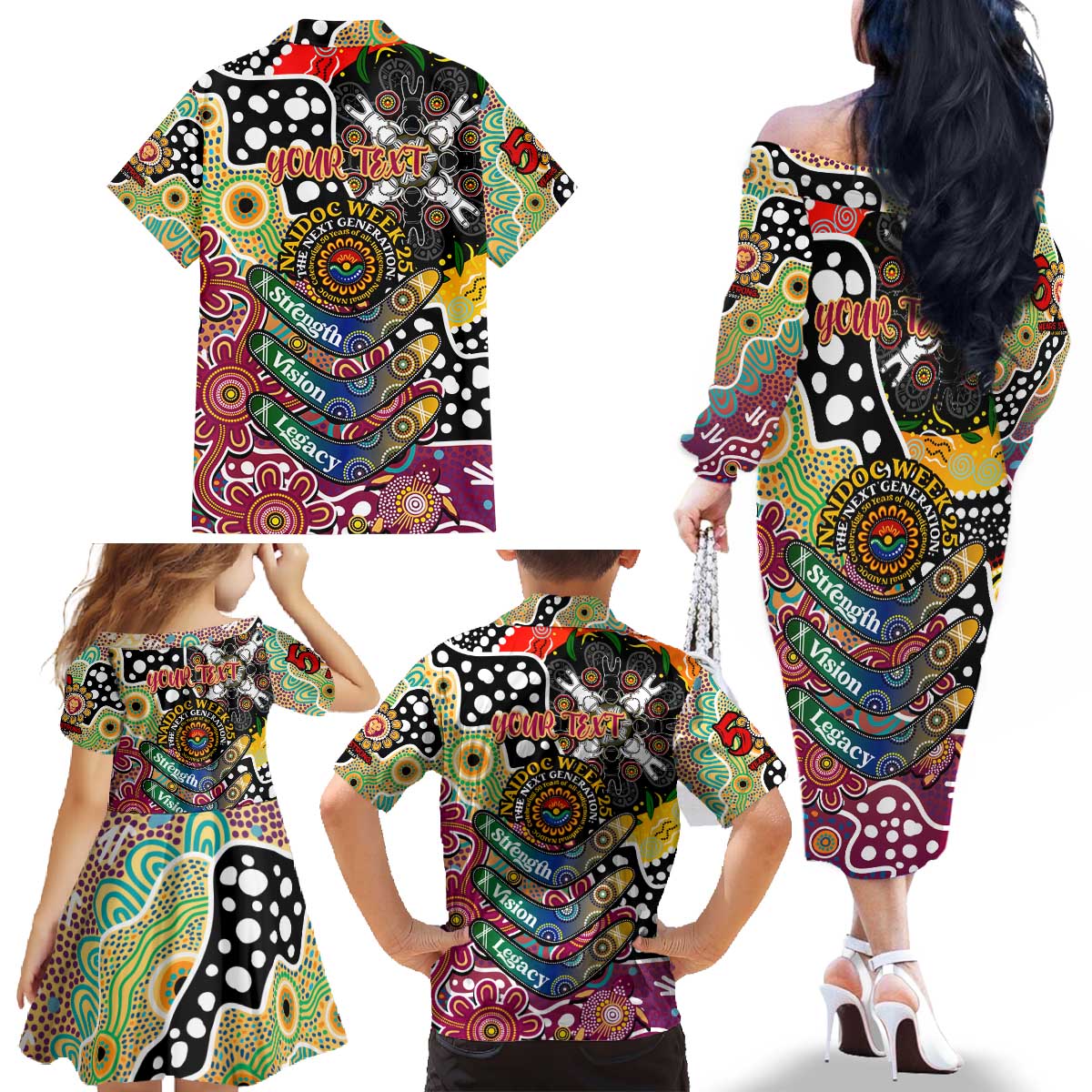 Personalised Lions AFL Celebrating 50 Years of Naidoc Family Matching Off The Shoulder Long Sleeve Dress and Hawaiian Shirt NAIDOC Week 2025 Aboriginal