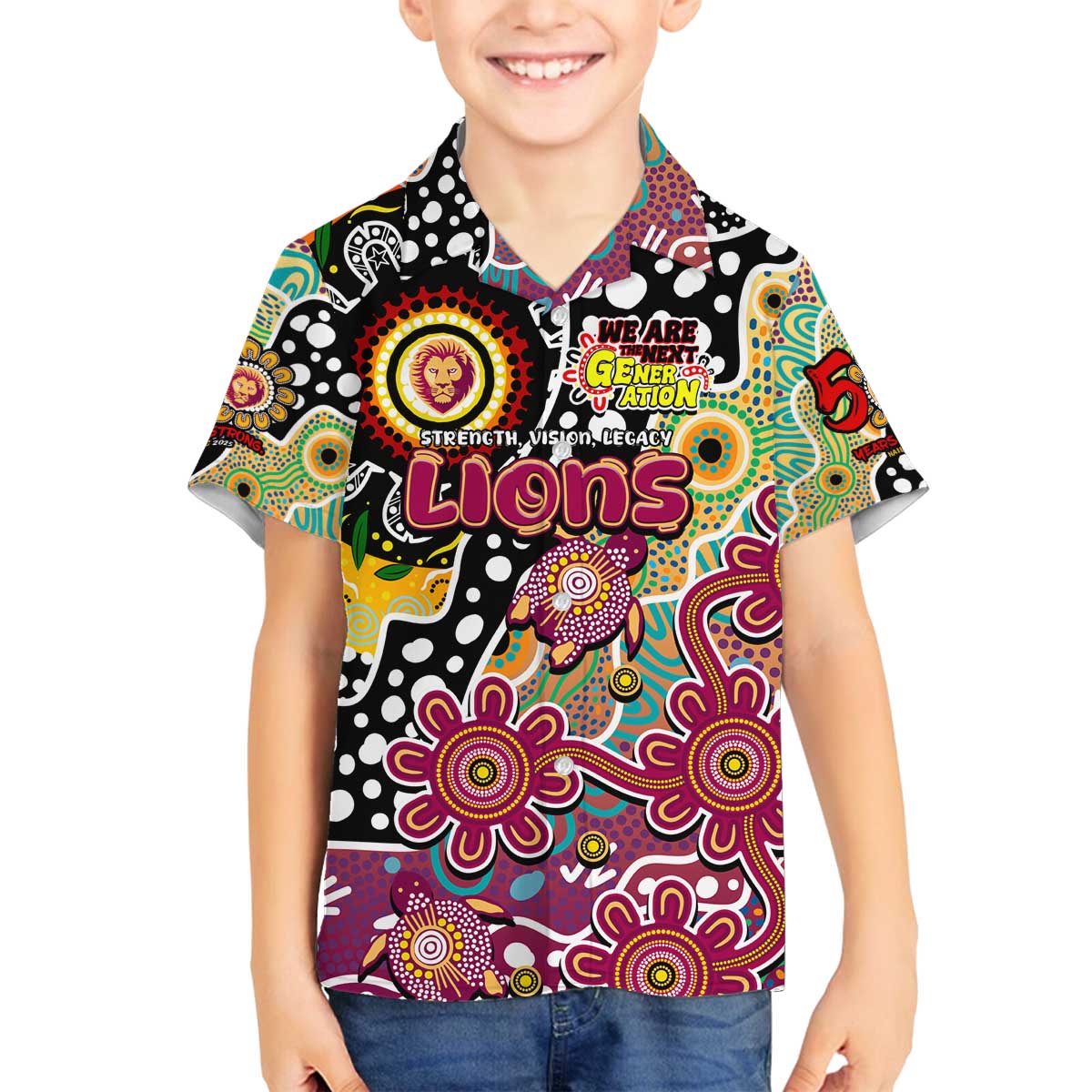 Personalised Lions AFL Celebrating 50 Years of Naidoc Family Matching Off The Shoulder Long Sleeve Dress and Hawaiian Shirt NAIDOC Week 2025 Aboriginal