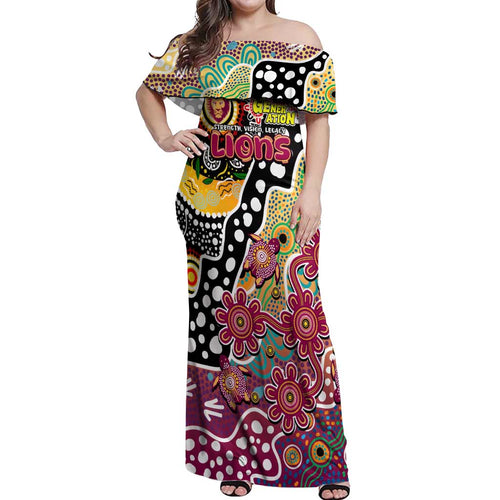 Personalised Lions AFL Celebrating 50 Years of Naidoc Off Shoulder Maxi Dress NAIDOC Week 2025 Aboriginal
