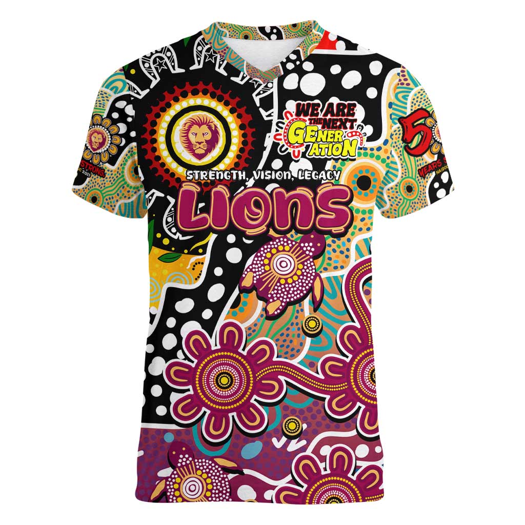 Personalised Lions AFL Celebrating 50 Years of Naidoc Women V-Neck T-Shirt NAIDOC Week 2025 Aboriginal