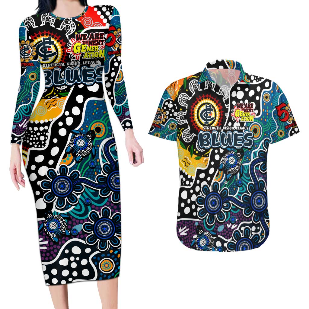 Personalised Blues AFL Celebrating 50 Years of Naidoc Couples Matching Long Sleeve Bodycon Dress and Hawaiian Shirt NAIDOC Week 2025 Aboriginal