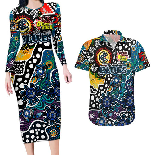 Personalised Blues AFL Celebrating 50 Years of Naidoc Couples Matching Long Sleeve Bodycon Dress and Hawaiian Shirt NAIDOC Week 2025 Aboriginal