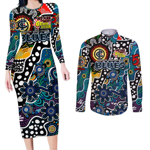 Personalised Blues AFL Celebrating 50 Years of Naidoc Couples Matching Long Sleeve Bodycon Dress and Long Sleeve Button Shirt NAIDOC Week 2025 Aboriginal