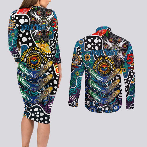 Personalised Blues AFL Celebrating 50 Years of Naidoc Couples Matching Long Sleeve Bodycon Dress and Long Sleeve Button Shirt NAIDOC Week 2025 Aboriginal