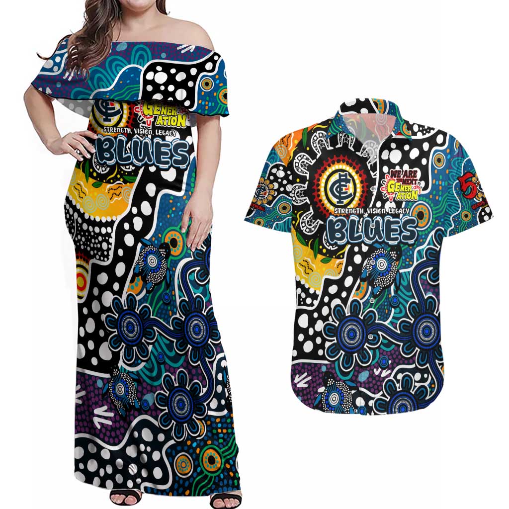 Personalised Blues AFL Celebrating 50 Years of Naidoc Couples Matching Off Shoulder Maxi Dress and Hawaiian Shirt NAIDOC Week 2025 Aboriginal