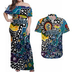 Personalised Blues AFL Celebrating 50 Years of Naidoc Couples Matching Off Shoulder Maxi Dress and Hawaiian Shirt NAIDOC Week 2025 Aboriginal