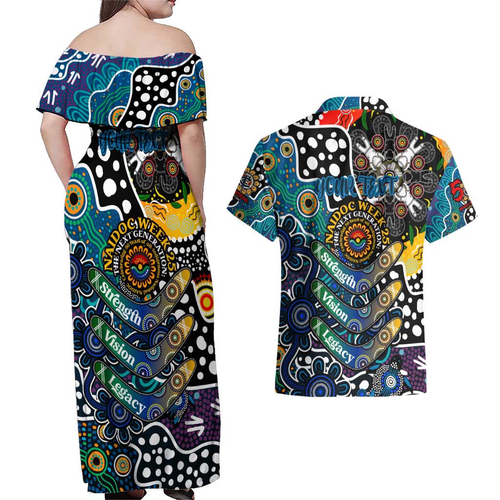 Personalised Blues AFL Celebrating 50 Years of Naidoc Couples Matching Off Shoulder Maxi Dress and Hawaiian Shirt NAIDOC Week 2025 Aboriginal
