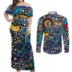 Personalised Blues AFL Celebrating 50 Years of Naidoc Couples Matching Off Shoulder Maxi Dress and Long Sleeve Button Shirt NAIDOC Week 2025 Aboriginal
