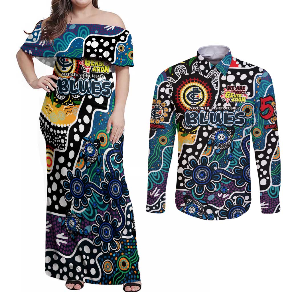 Personalised Blues AFL Celebrating 50 Years of Naidoc Couples Matching Off Shoulder Maxi Dress and Long Sleeve Button Shirt NAIDOC Week 2025 Aboriginal