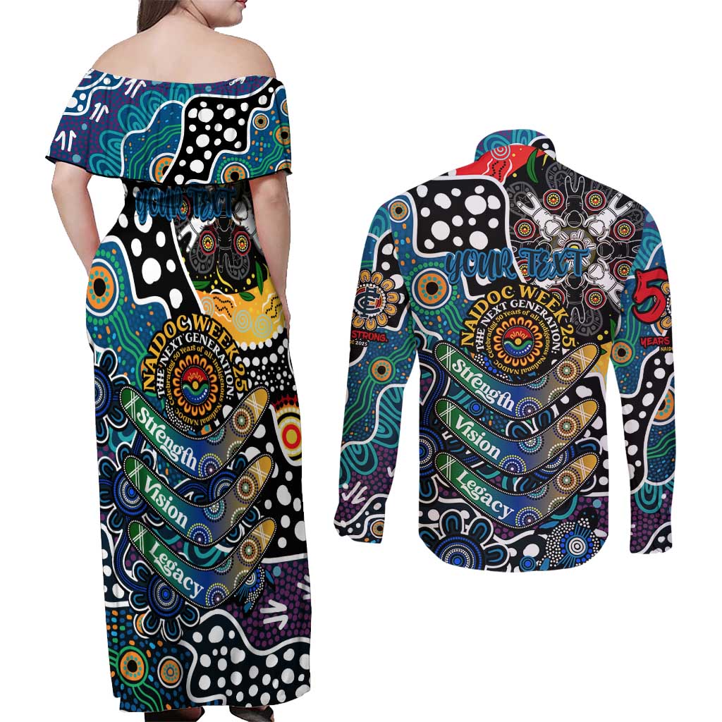 Personalised Blues AFL Celebrating 50 Years of Naidoc Couples Matching Off Shoulder Maxi Dress and Long Sleeve Button Shirt NAIDOC Week 2025 Aboriginal