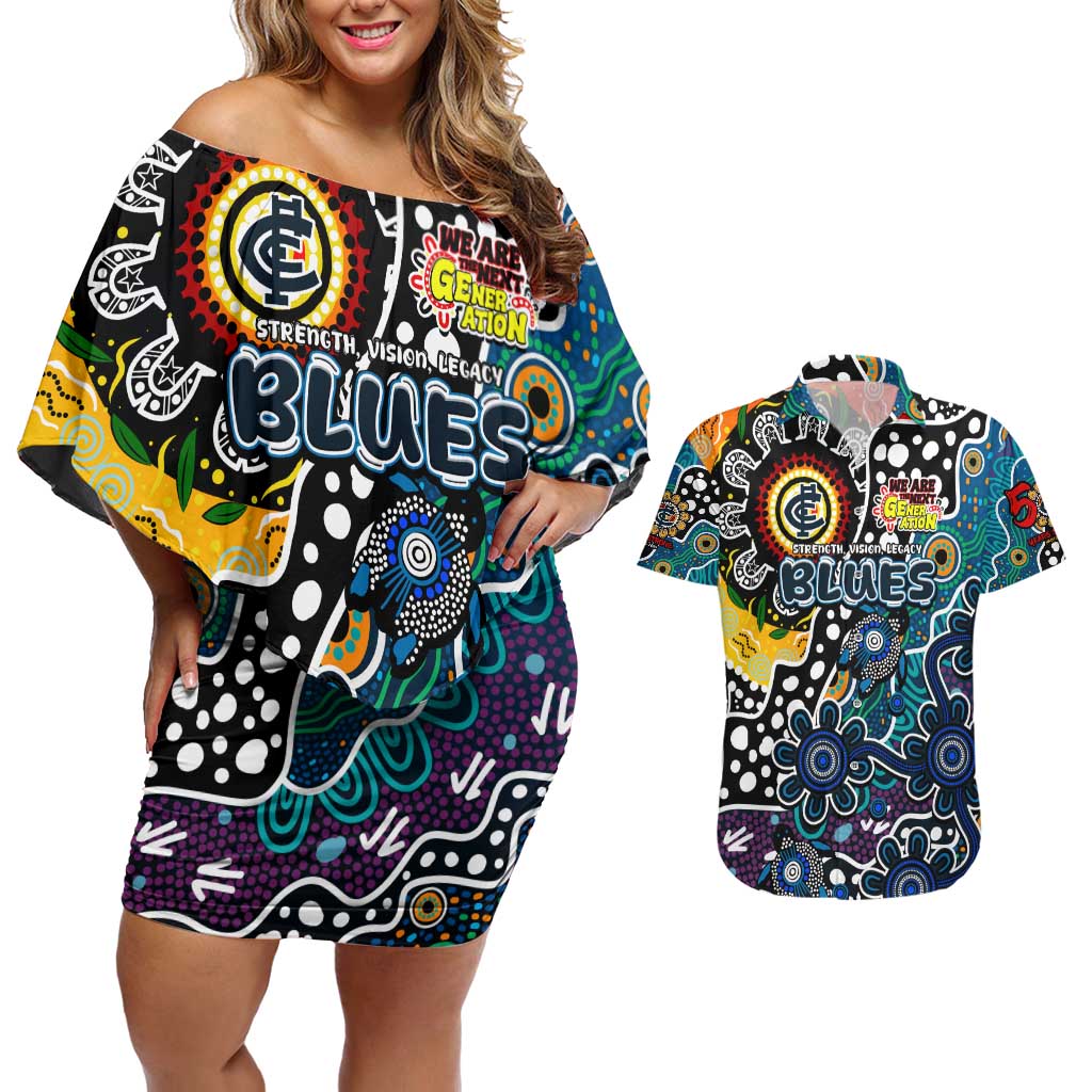 Personalised Blues AFL Celebrating 50 Years of Naidoc Couples Matching Off Shoulder Short Dress and Hawaiian Shirt NAIDOC Week 2025 Aboriginal