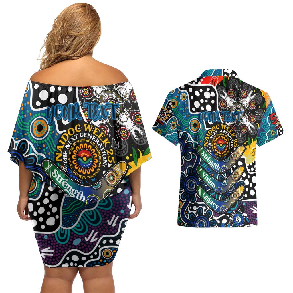 Personalised Blues AFL Celebrating 50 Years of Naidoc Couples Matching Off Shoulder Short Dress and Hawaiian Shirt NAIDOC Week 2025 Aboriginal