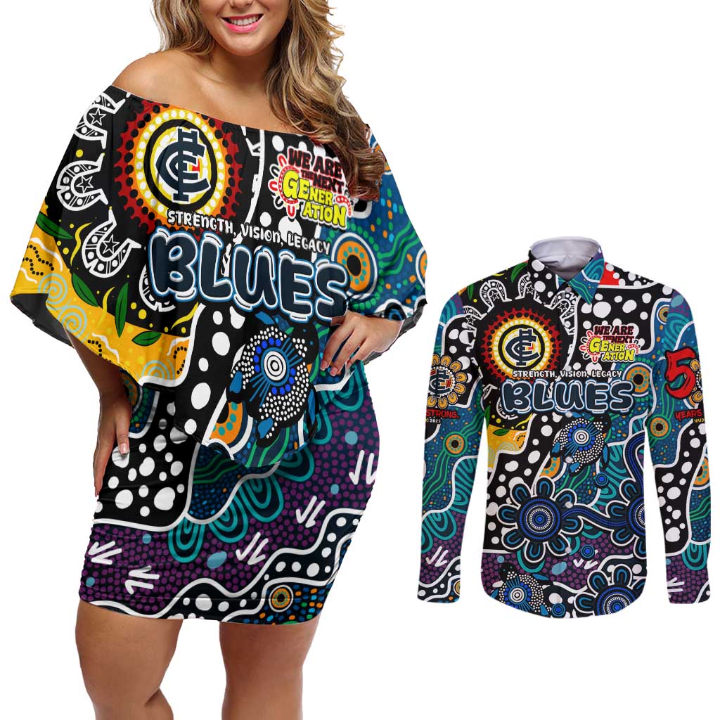 Personalised Blues AFL Celebrating 50 Years of Naidoc Couples Matching Off Shoulder Short Dress and Long Sleeve Button Shirt NAIDOC Week 2025 Aboriginal