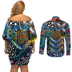 Personalised Blues AFL Celebrating 50 Years of Naidoc Couples Matching Off Shoulder Short Dress and Long Sleeve Button Shirt NAIDOC Week 2025 Aboriginal