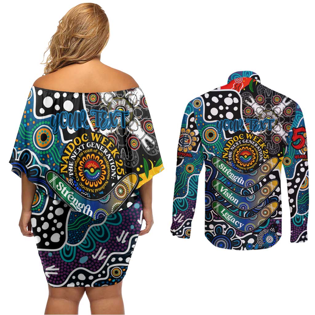Personalised Blues AFL Celebrating 50 Years of Naidoc Couples Matching Off Shoulder Short Dress and Long Sleeve Button Shirt NAIDOC Week 2025 Aboriginal