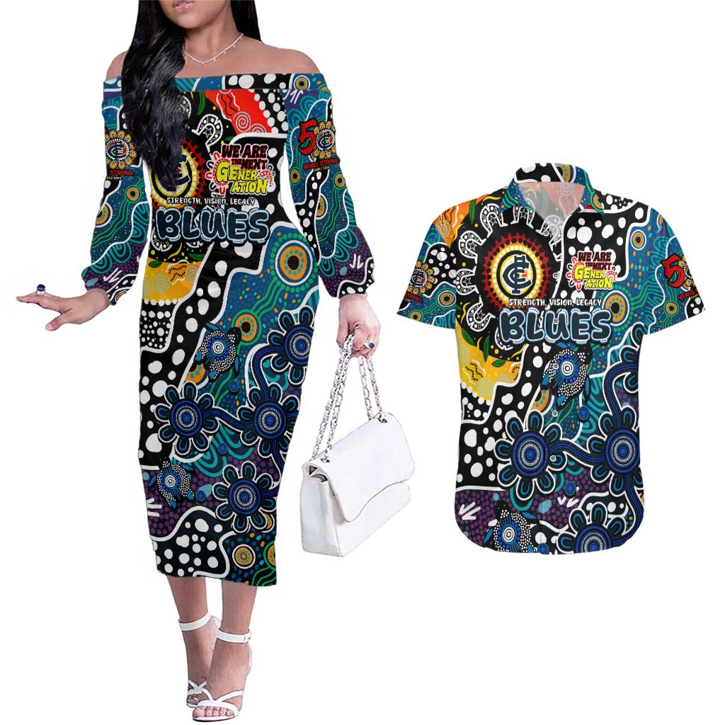 Personalised Blues AFL Celebrating 50 Years of Naidoc Couples Matching Off The Shoulder Long Sleeve Dress and Hawaiian Shirt NAIDOC Week 2025 Aboriginal