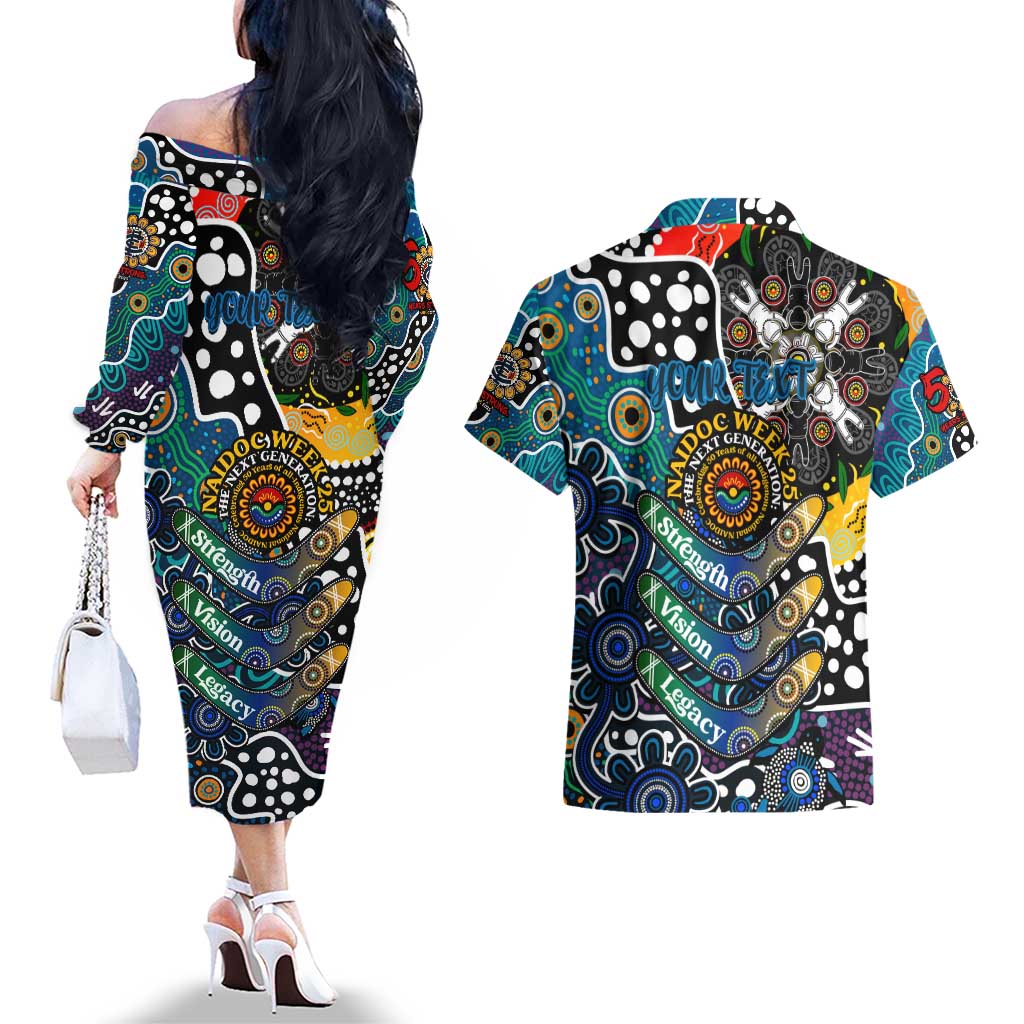 Personalised Blues AFL Celebrating 50 Years of Naidoc Couples Matching Off The Shoulder Long Sleeve Dress and Hawaiian Shirt NAIDOC Week 2025 Aboriginal
