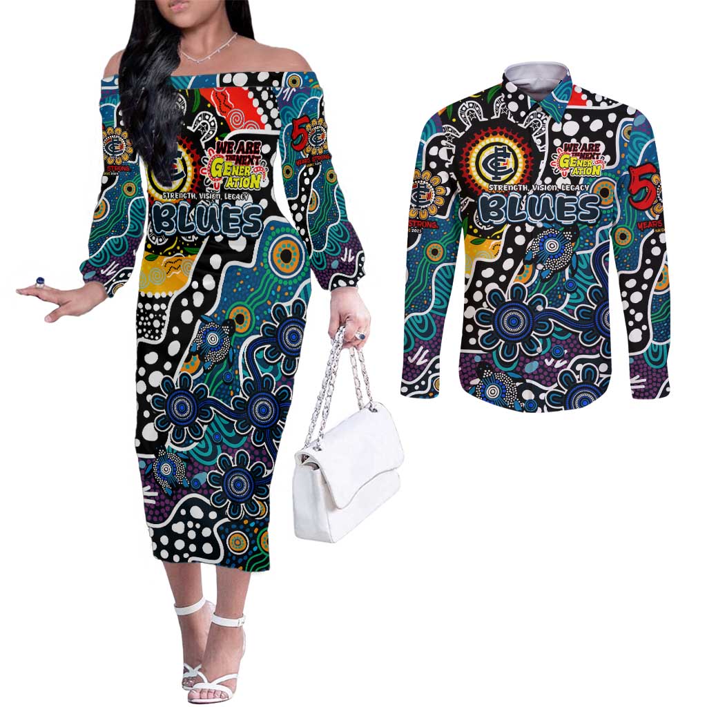 Personalised Blues AFL Celebrating 50 Years of Naidoc Couples Matching Off The Shoulder Long Sleeve Dress and Long Sleeve Button Shirt NAIDOC Week 2025 Aboriginal