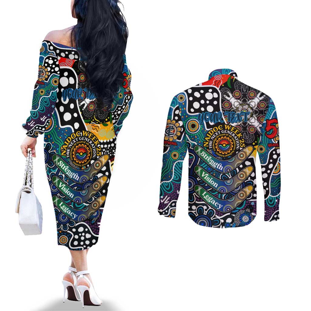 Personalised Blues AFL Celebrating 50 Years of Naidoc Couples Matching Off The Shoulder Long Sleeve Dress and Long Sleeve Button Shirt NAIDOC Week 2025 Aboriginal