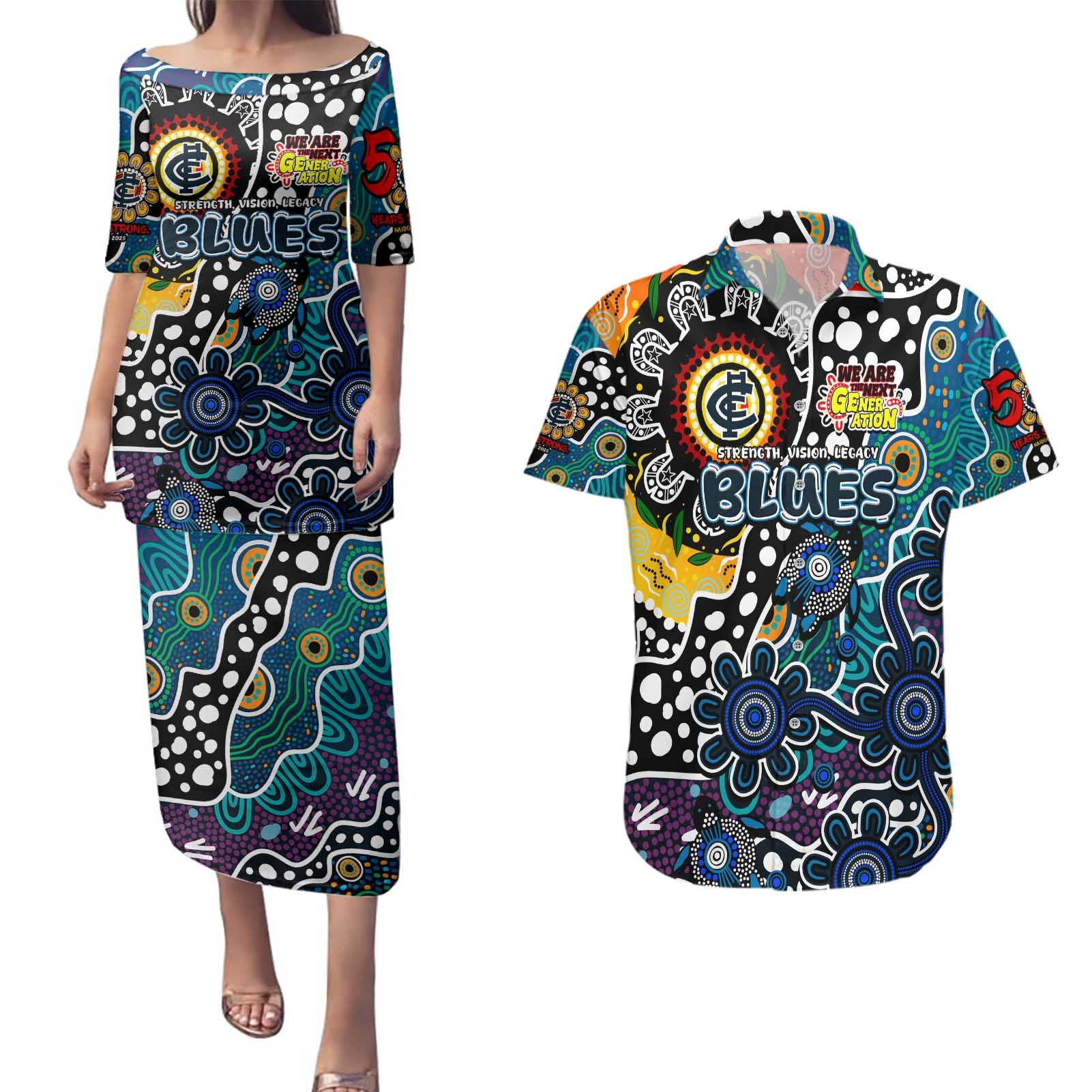 Personalised Blues AFL Celebrating 50 Years of Naidoc Couples Matching Puletasi and Hawaiian Shirt NAIDOC Week 2025 Aboriginal
