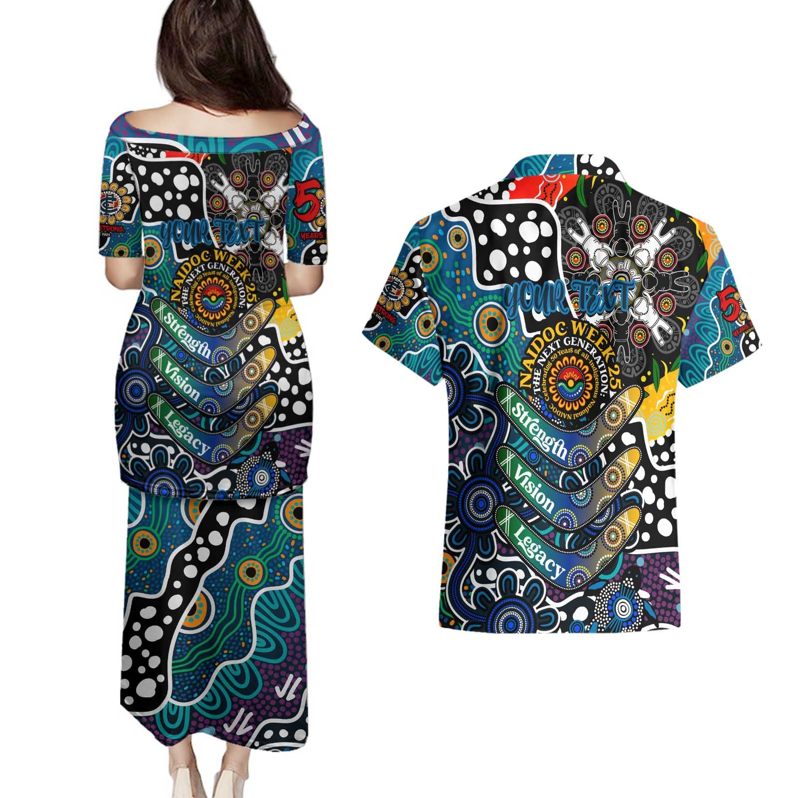Personalised Blues AFL Celebrating 50 Years of Naidoc Couples Matching Puletasi and Hawaiian Shirt NAIDOC Week 2025 Aboriginal