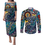Personalised Blues AFL Celebrating 50 Years of Naidoc Couples Matching Puletasi and Long Sleeve Button Shirt NAIDOC Week 2025 Aboriginal