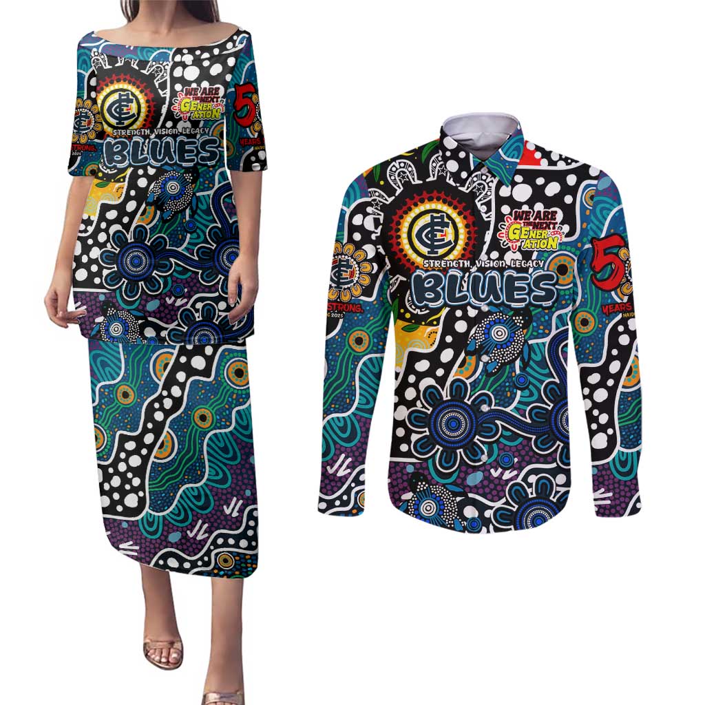Personalised Blues AFL Celebrating 50 Years of Naidoc Couples Matching Puletasi and Long Sleeve Button Shirt NAIDOC Week 2025 Aboriginal