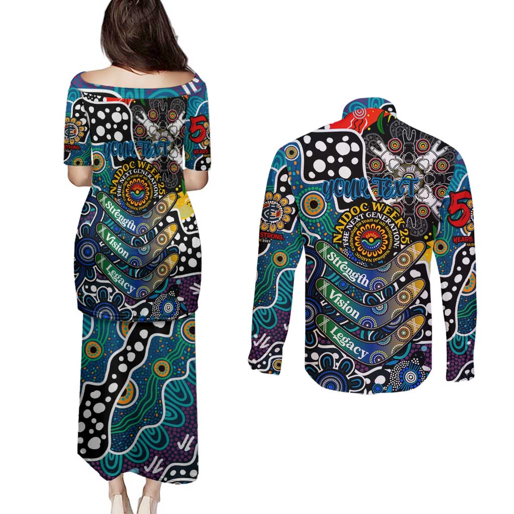 Personalised Blues AFL Celebrating 50 Years of Naidoc Couples Matching Puletasi and Long Sleeve Button Shirt NAIDOC Week 2025 Aboriginal