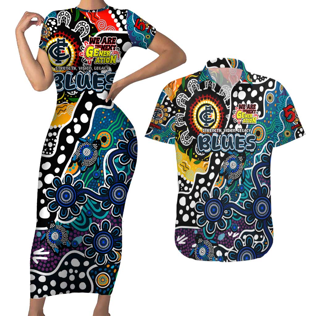 Personalised Blues AFL Celebrating 50 Years of Naidoc Couples Matching Short Sleeve Bodycon Dress and Hawaiian Shirt NAIDOC Week 2025 Aboriginal