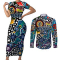 Personalised Blues AFL Celebrating 50 Years of Naidoc Couples Matching Short Sleeve Bodycon Dress and Long Sleeve Button Shirt NAIDOC Week 2025 Aboriginal