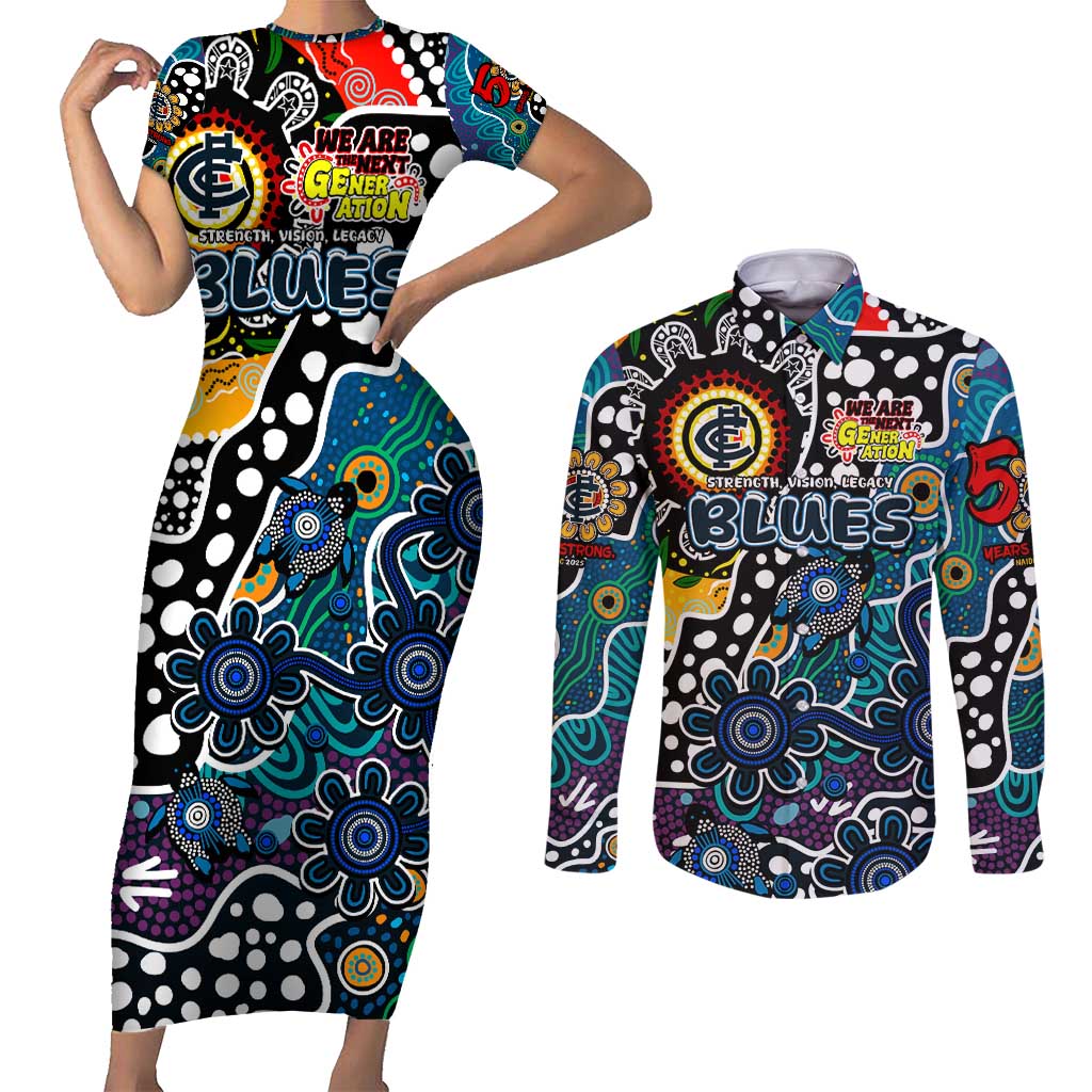 Personalised Blues AFL Celebrating 50 Years of Naidoc Couples Matching Short Sleeve Bodycon Dress and Long Sleeve Button Shirt NAIDOC Week 2025 Aboriginal