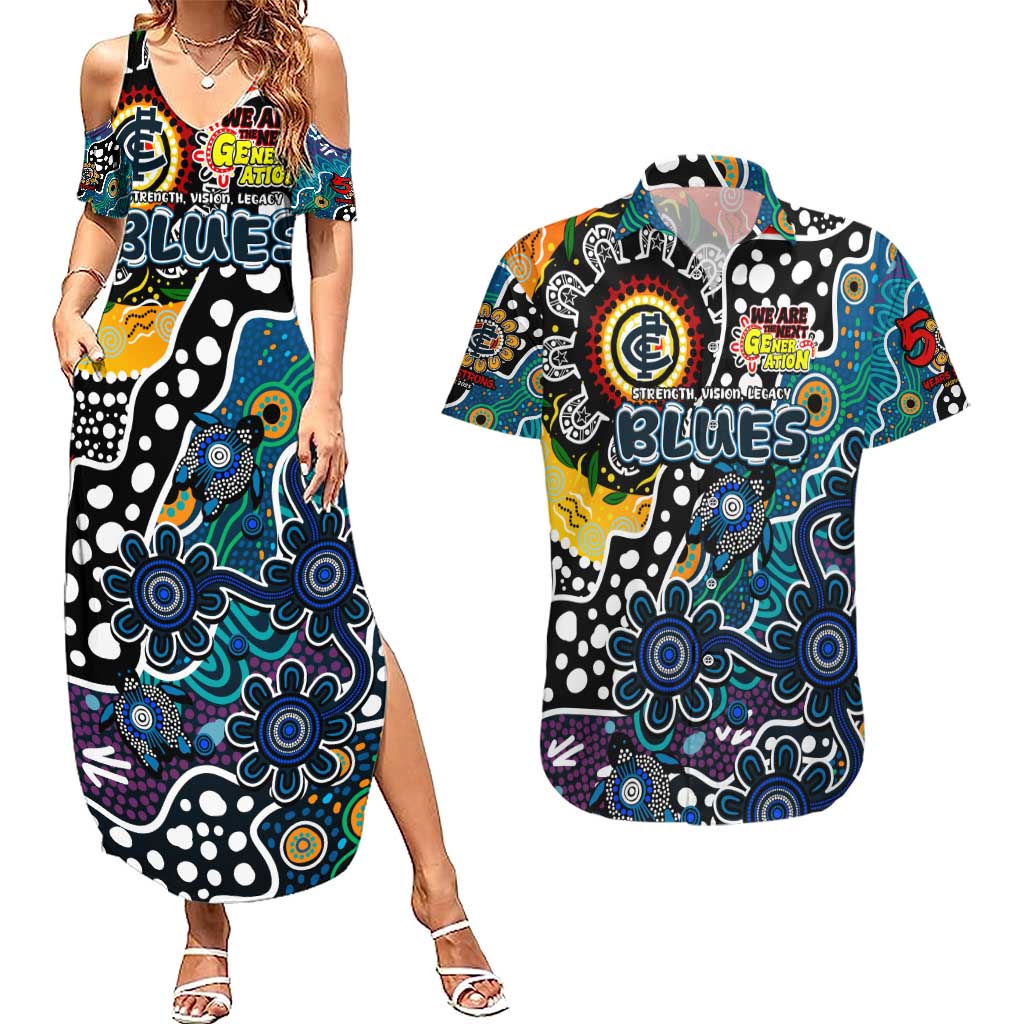 Personalised Blues AFL Celebrating 50 Years of Naidoc Couples Matching Summer Maxi Dress and Hawaiian Shirt NAIDOC Week 2025 Aboriginal