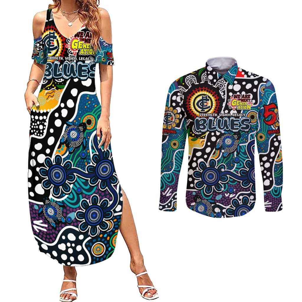 Personalised Blues AFL Celebrating 50 Years of Naidoc Couples Matching Summer Maxi Dress and Long Sleeve Button Shirt NAIDOC Week 2025 Aboriginal