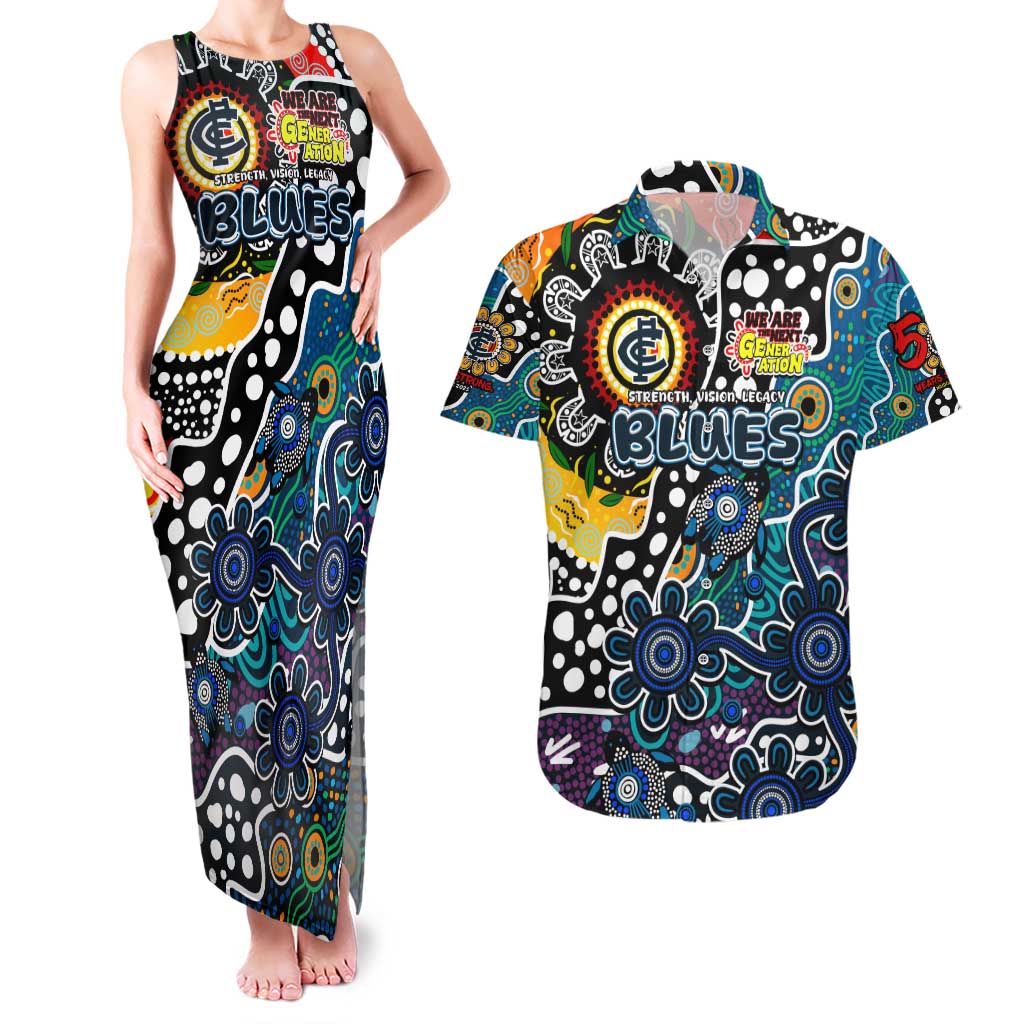 Personalised Blues AFL Celebrating 50 Years of Naidoc Couples Matching Tank Maxi Dress and Hawaiian Shirt NAIDOC Week 2025 Aboriginal